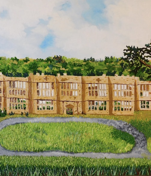 a painting of a large building in the middle of a field