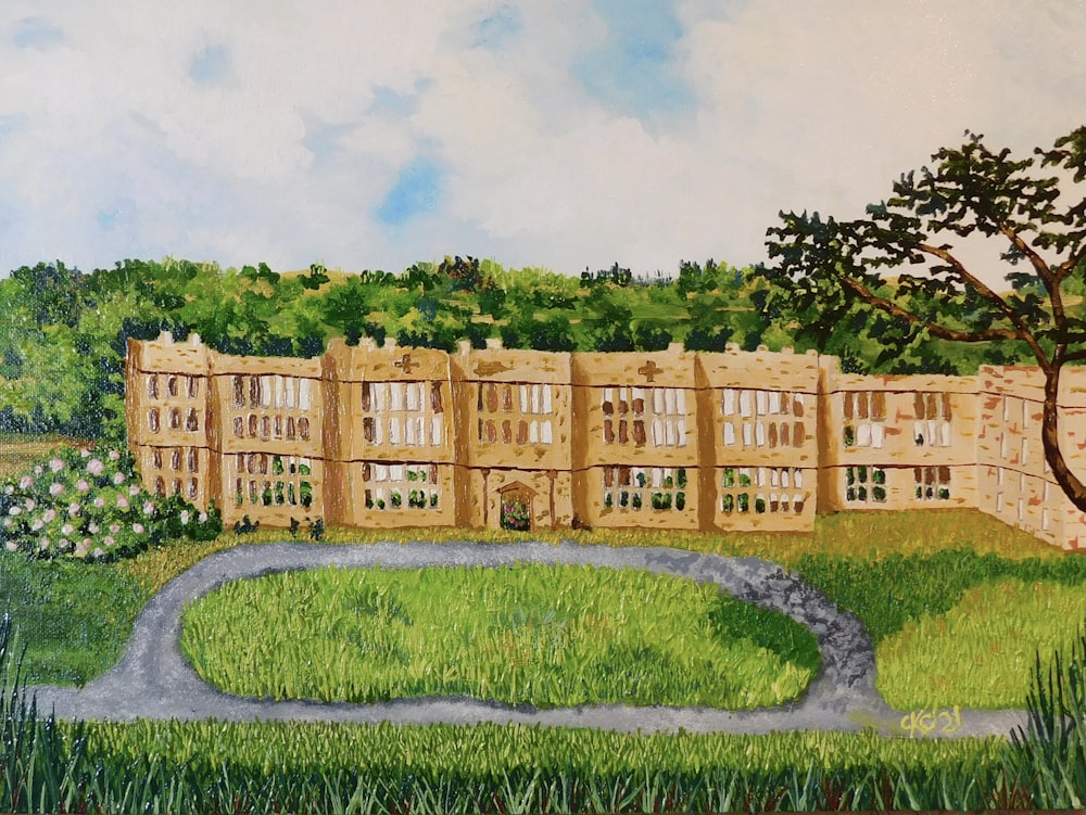 a painting of a large building in the middle of a field