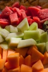 a close up of a plate of cut up fruit