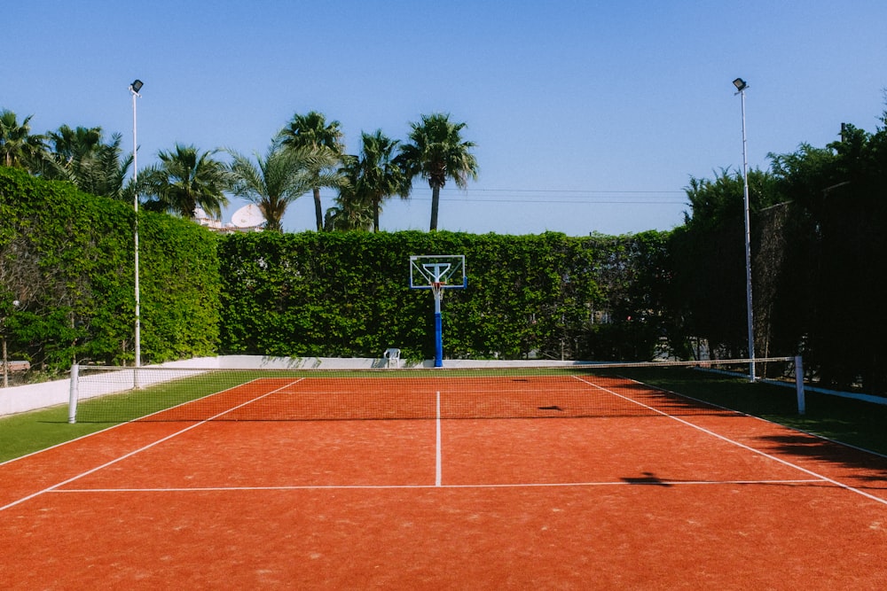 a tennis court with a basketball hoop in the middle of it