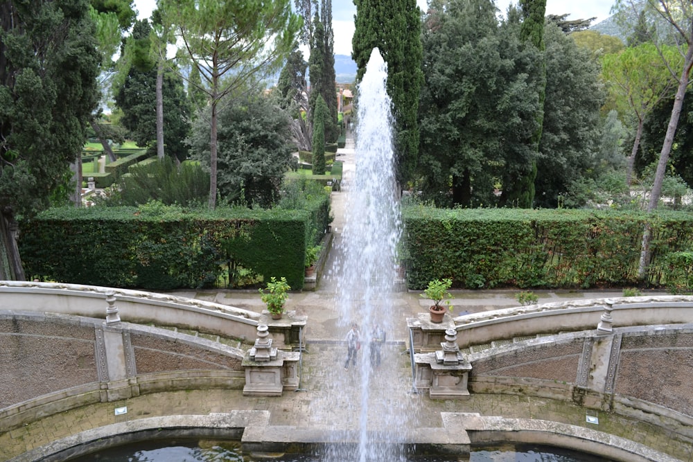 a water fountain in a garden surrounded by hedges