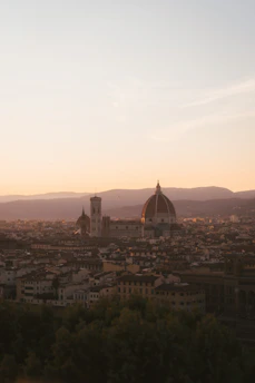 A panoramic view of Toledo's historic skyline at sunset with warm golden light.