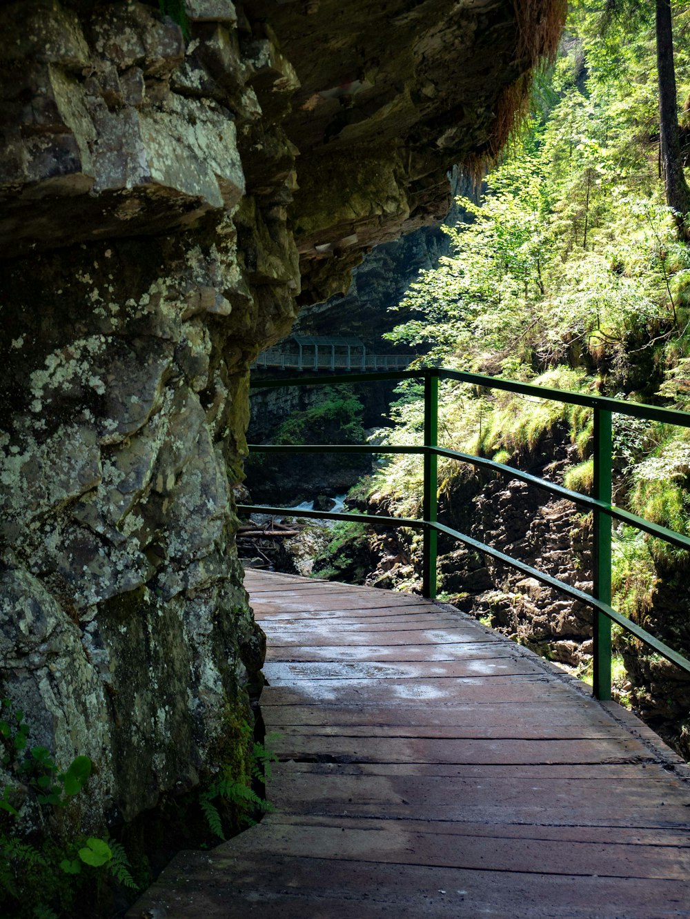 a wooden walkway leading to a large cliff