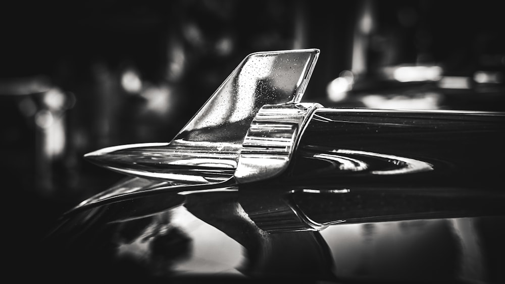 a black and white photo of the hood ornament of a car