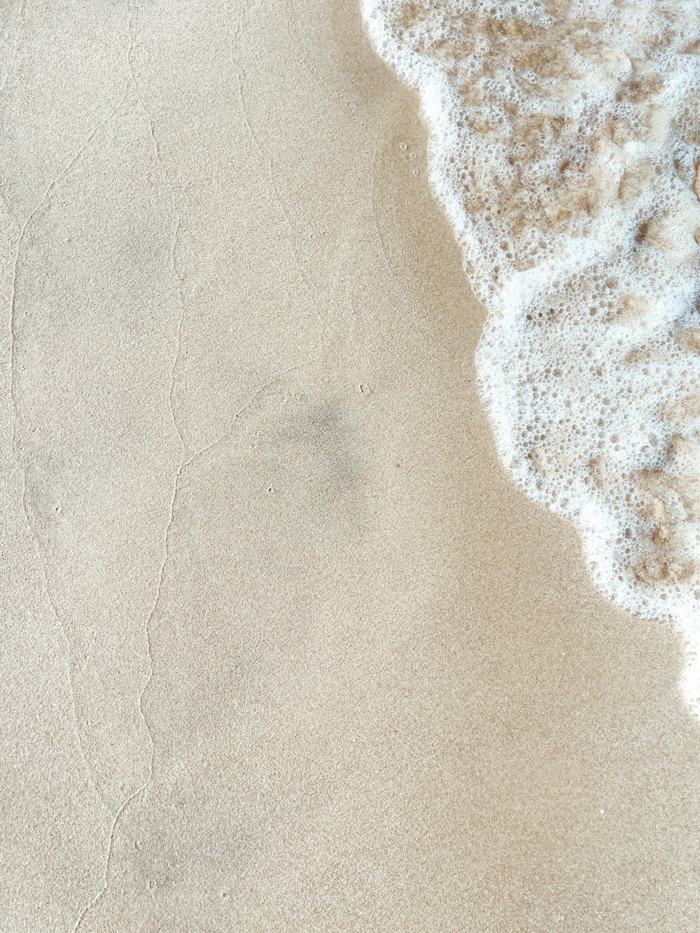 a sandy beach next to the ocean with a wave coming in