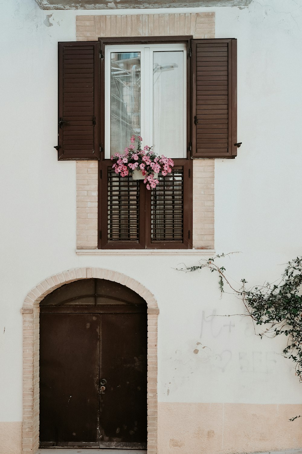 a window with shutters and flowers in a window box