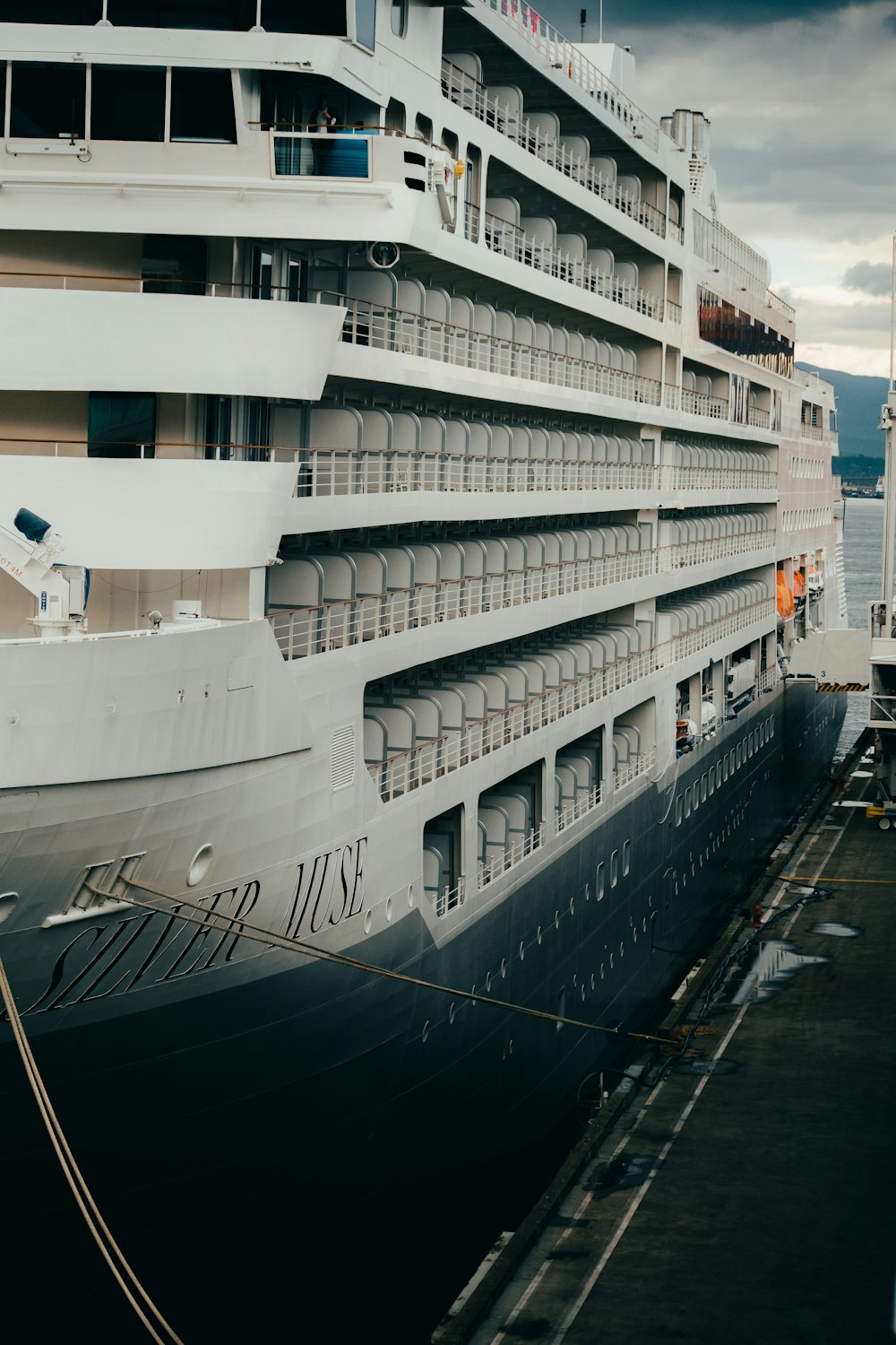a large cruise ship docked at a dock