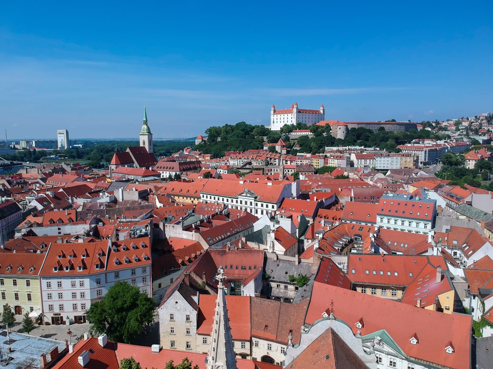 an aerial view of a city with red roofs