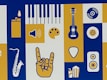 A graphic design with various music and art-related symbols in bold yellow, blue, and white colors. Symbols include a saxophone, upright lighter with a flame, speaker icon, paint palette, electric guitar, guitar pick, a hand making the horns gesture, vinyl record, acoustic guitar sound hole, and a drink with popcorn. These elements are arranged in a grid on a blue and white background.