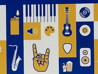 A graphic design with various music and art-related symbols in bold yellow, blue, and white colors. Symbols include a saxophone, upright lighter with a flame, speaker icon, paint palette, electric guitar, guitar pick, a hand making the horns gesture, vinyl record, acoustic guitar sound hole, and a drink with popcorn. These elements are arranged in a grid on a blue and white background.