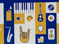 A graphic design with various music and art-related symbols in bold yellow, blue, and white colors. Symbols include a saxophone, upright lighter with a flame, speaker icon, paint palette, electric guitar, guitar pick, a hand making the horns gesture, vinyl record, acoustic guitar sound hole, and a drink with popcorn. These elements are arranged in a grid on a blue and white background.