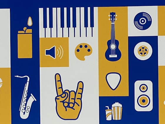A graphic design with various music and art-related symbols in bold yellow, blue, and white colors. Symbols include a saxophone, upright lighter with a flame, speaker icon, paint palette, electric guitar, guitar pick, a hand making the horns gesture, vinyl record, acoustic guitar sound hole, and a drink with popcorn. These elements are arranged in a grid on a blue and white background.