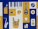 A graphic design with various music and art-related symbols in bold yellow, blue, and white colors. Symbols include a saxophone, upright lighter with a flame, speaker icon, paint palette, electric guitar, guitar pick, a hand making the horns gesture, vinyl record, acoustic guitar sound hole, and a drink with popcorn. These elements are arranged in a grid on a blue and white background.