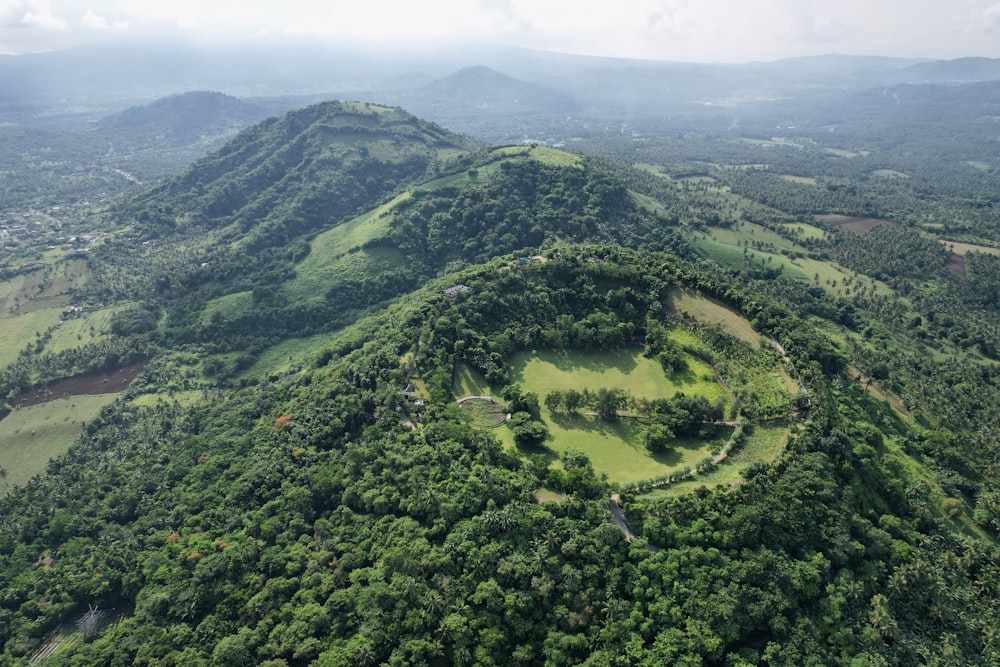 an aerial view of a lush green hillside