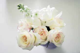 Chic bridal bouquet with cream roses and delicate greenery on white background