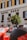 A street view featuring a section of a building with the words 'Hotel Eden' displayed prominently. The facade is cream-colored with contrasting dark window shutters. In front of the building, there is a vibrant orange tree and a row of parked vehicles, including a red scooter in the foreground.