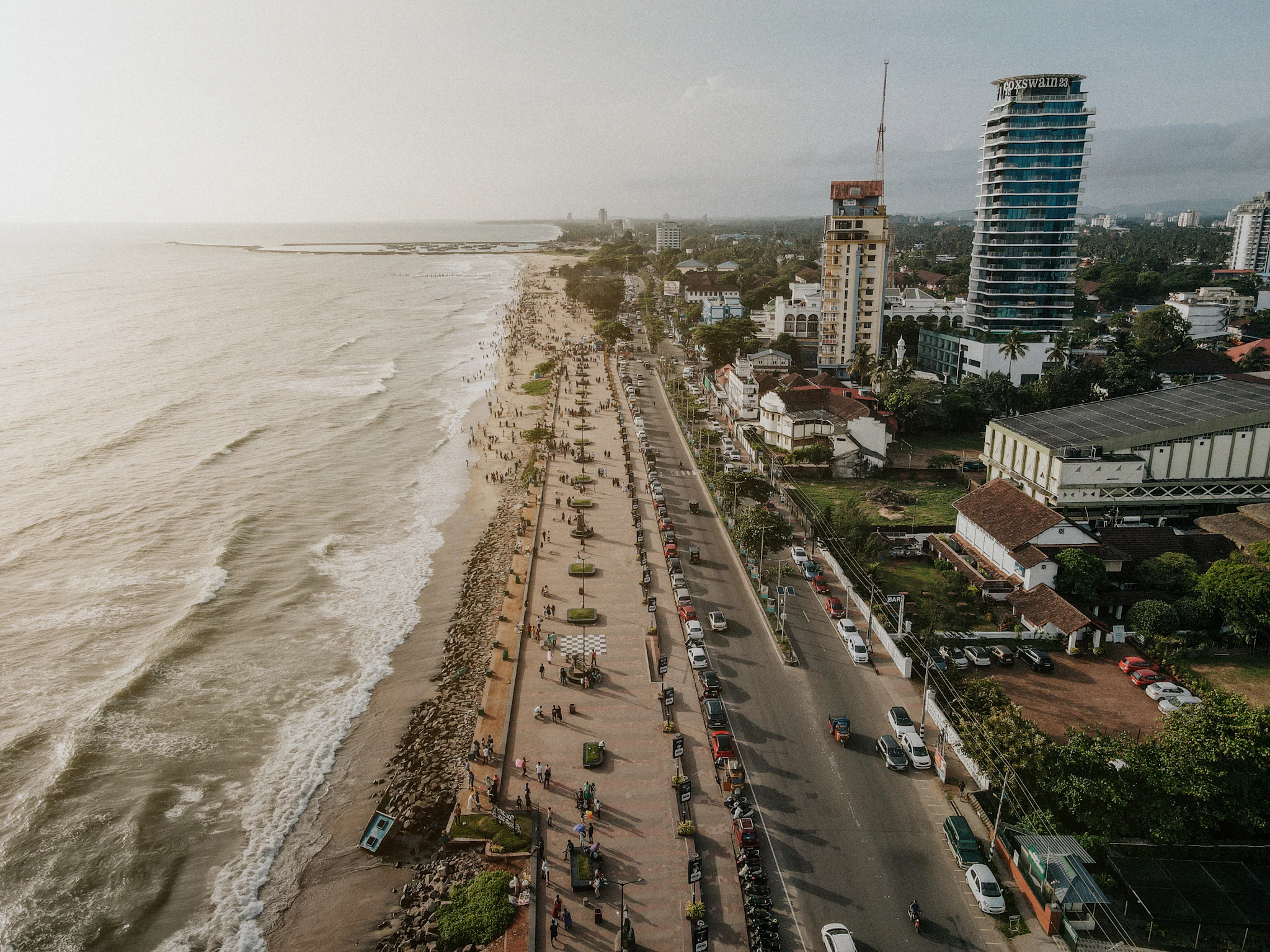 Aerial view of Kozhikode beach road and the city