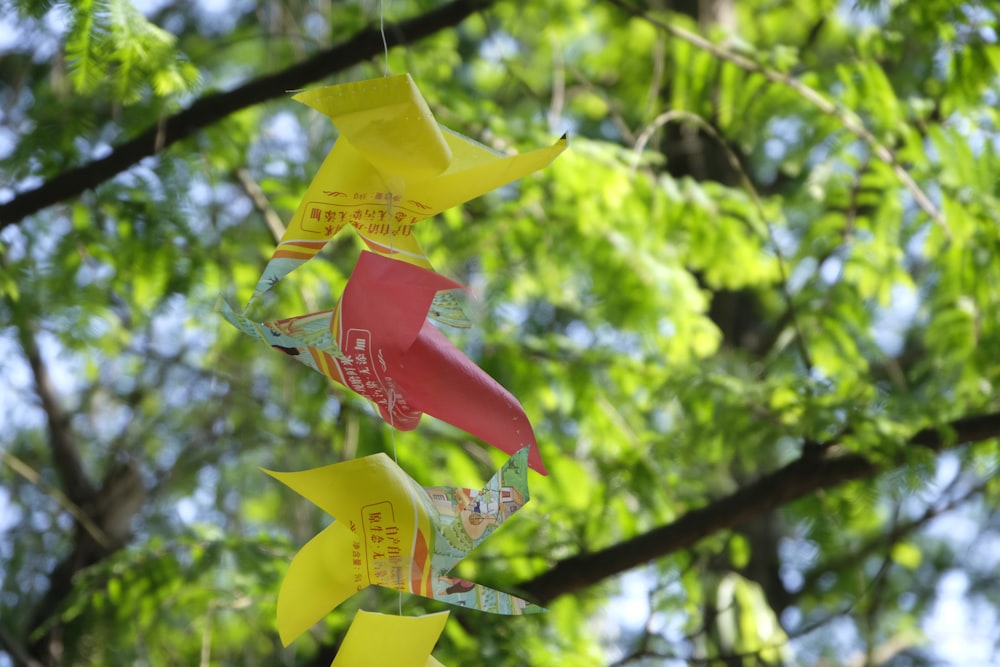 a group of yellow and red stars hanging from a tree