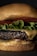 Close-up of a smoky BBQ seaweed burger with melted cheese and fresh lettuce on a toasted bun.