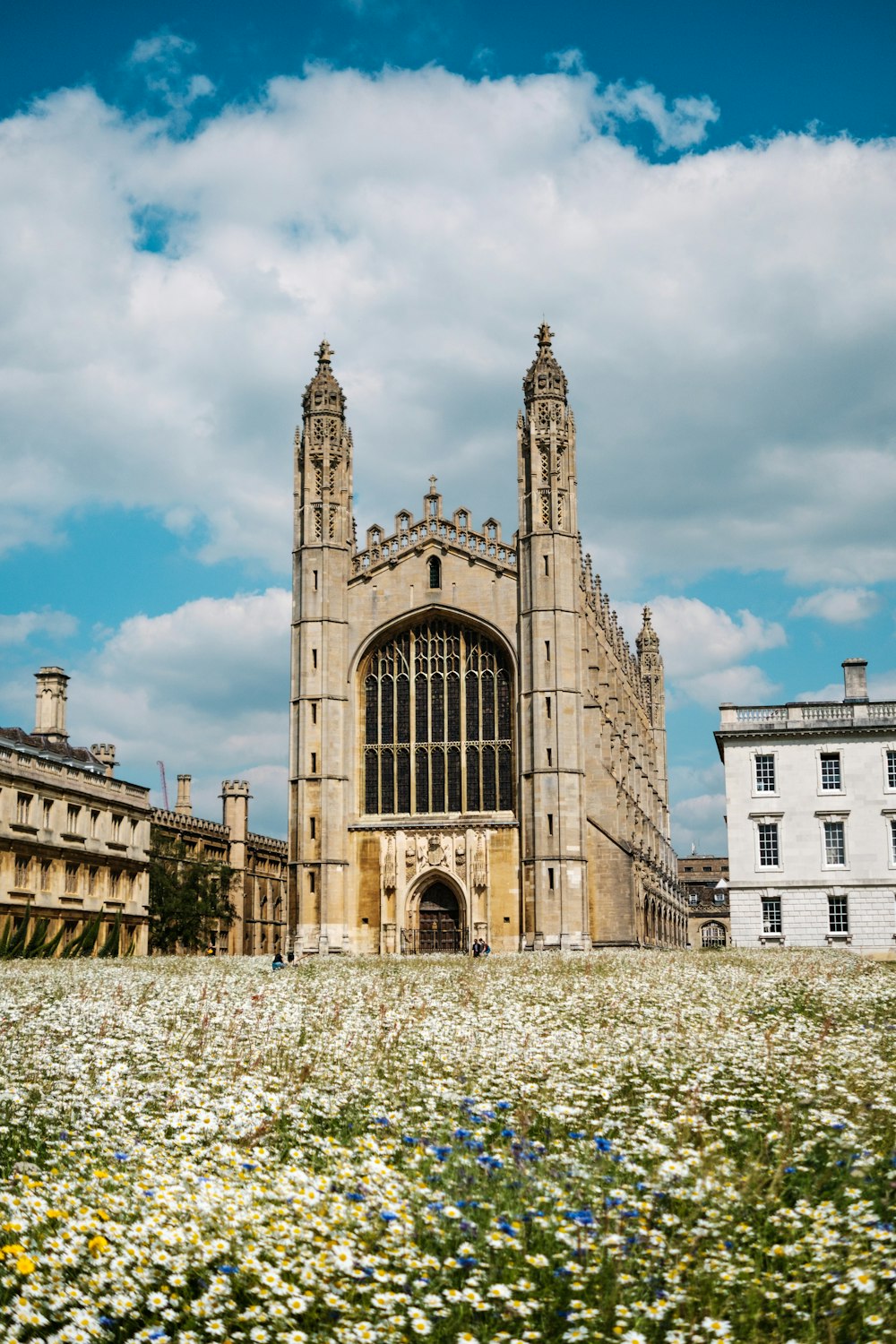 a large building with a bunch of flowers in front of it