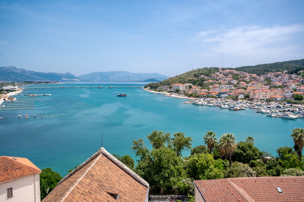 a view of a harbor with boats in the water