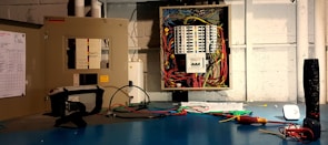 An open electrical panel with a multitude of colorful wires connected to various circuit breakers is mounted on a wall. Tools are placed on a blue workbench, including a multimeter and a screwdriver. A visible checklist is attached to the left panel door.