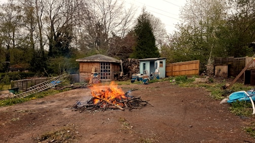 A small outdoor area featuring a central bonfire surrounded by a few wooden structures. There's a log cabin style shed with a window and a small blue shed nearby, both enveloped by dense greenery. Various tools and pieces of equipment, like a ladder and a wheelbarrow, are scattered around, with a wooden fence running along the right. The environment appears to be a rustic garden or backyard.