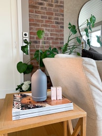 A cozy interior scene featuring a wooden table with stacked magazines and a sleek, modern diffuser. To the right, a light beige couch and to the left, green leafy plants add a touch of nature. In the background, an exposed brick wall provides texture, accompanied by a round mirror reflecting part of the room.