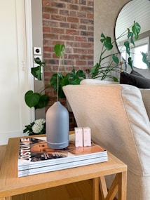 A cozy interior scene featuring a wooden table with stacked magazines and a sleek, modern diffuser. To the right, a light beige couch and to the left, green leafy plants add a touch of nature. In the background, an exposed brick wall provides texture, accompanied by a round mirror reflecting part of the room.