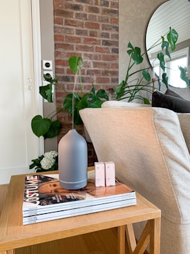 A cozy interior scene featuring a wooden table with stacked magazines and a sleek, modern diffuser. To the right, a light beige couch and to the left, green leafy plants add a touch of nature. In the background, an exposed brick wall provides texture, accompanied by a round mirror reflecting part of the room.