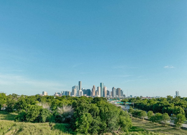 A vibrant downtown Dallas skyline with green trees blending into the cityscape.