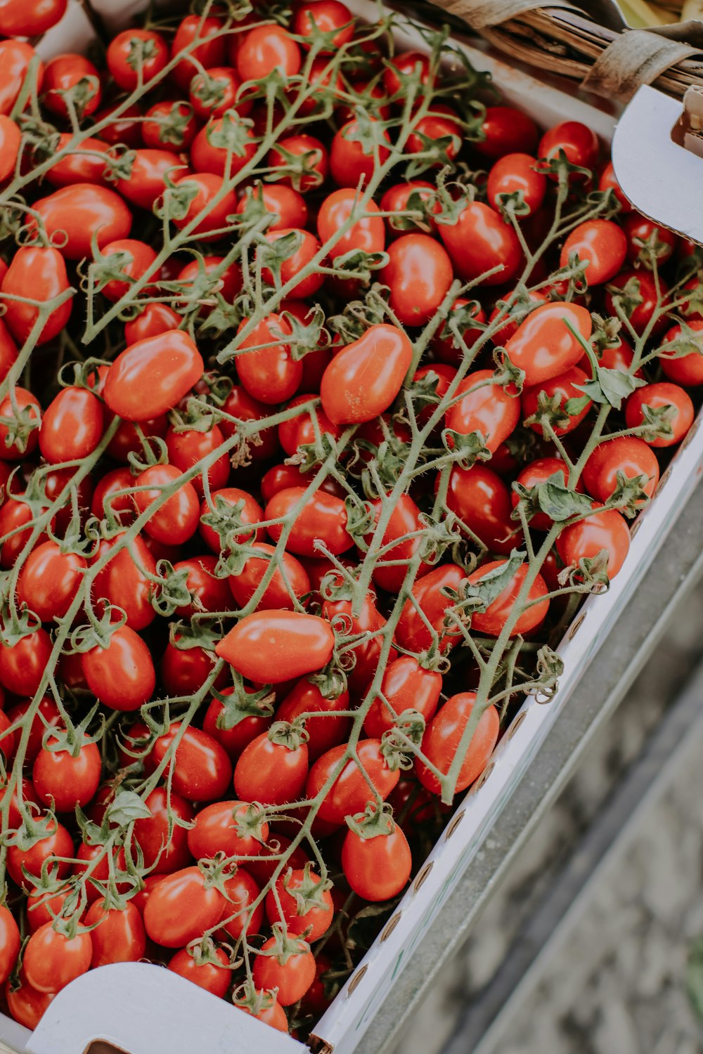 a box filled with lots of red tomatoes