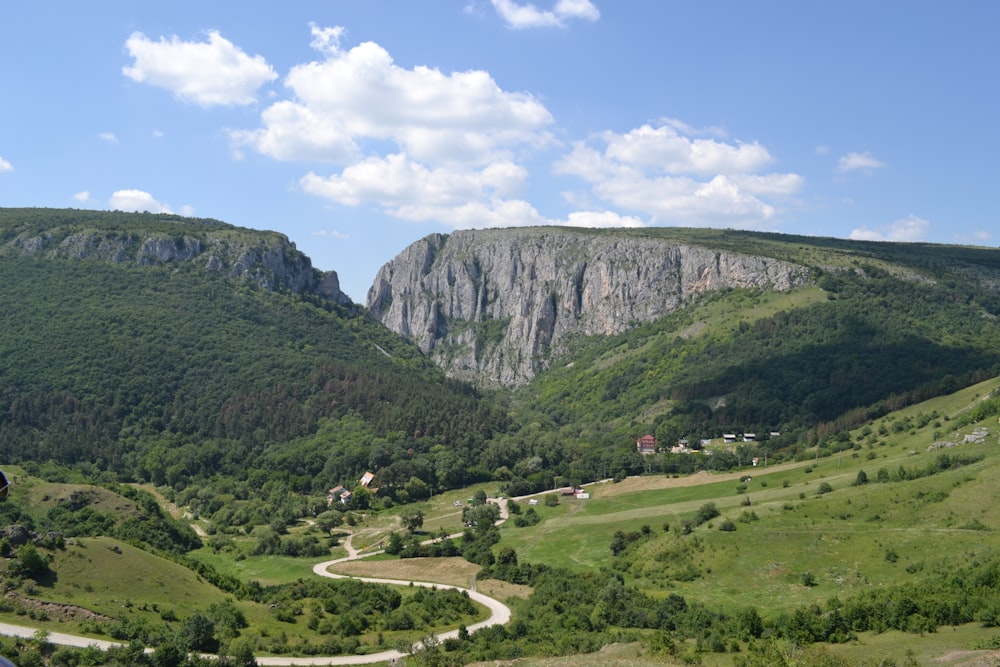 a scenic view of a valley with a mountain in the background