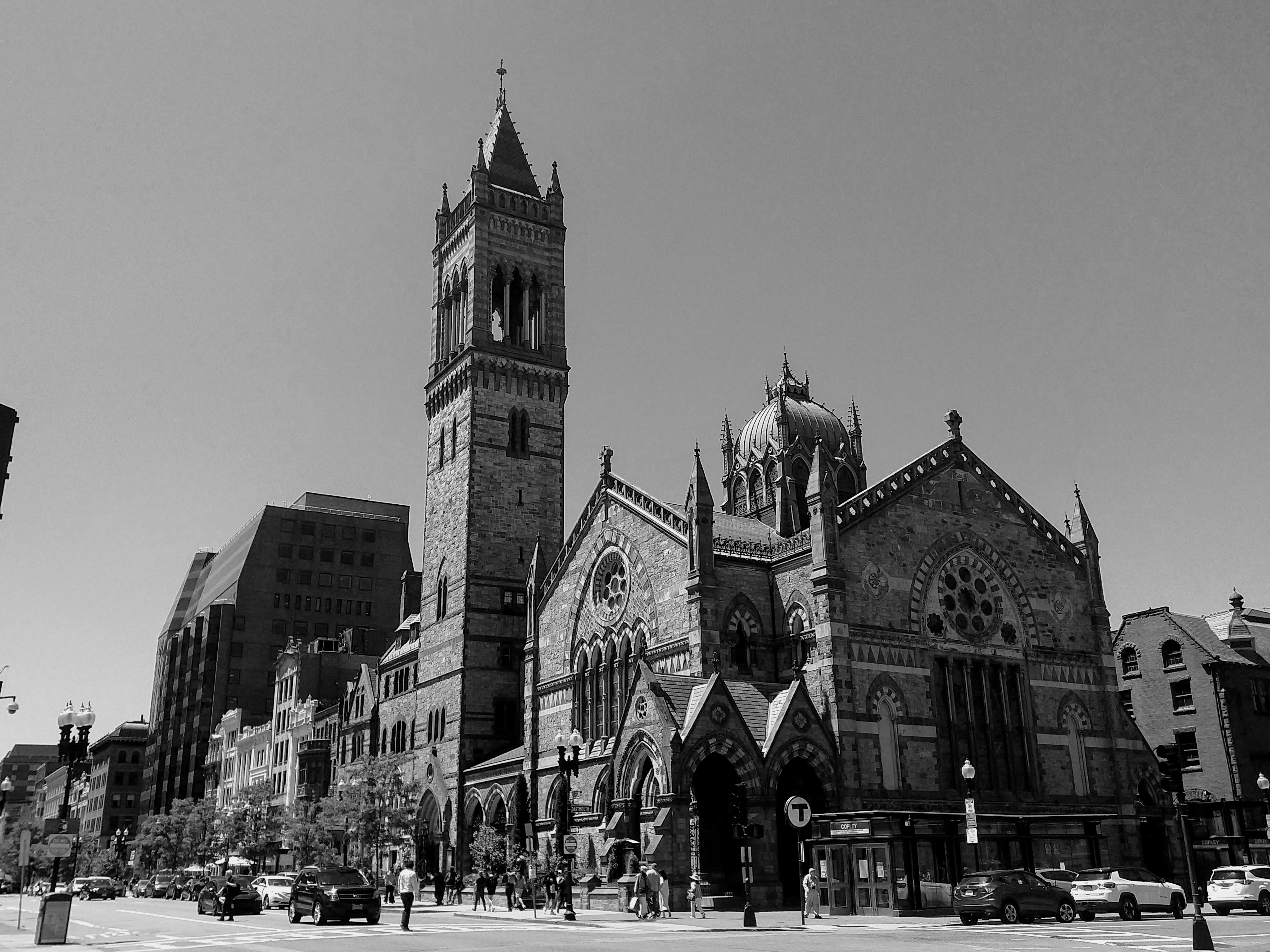A black and white photo of a church