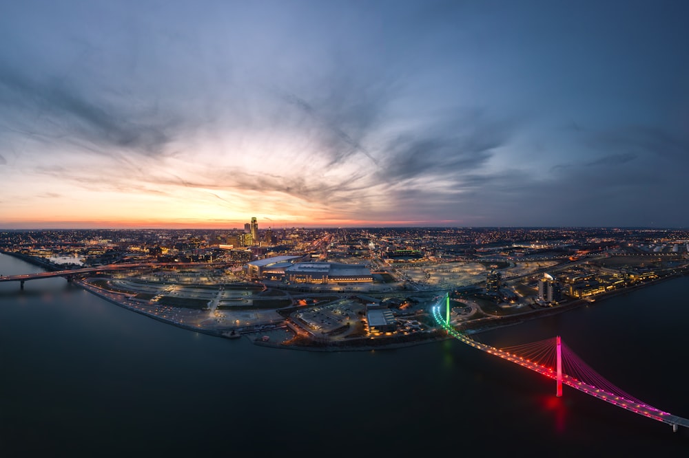 an aerial view of a city at night