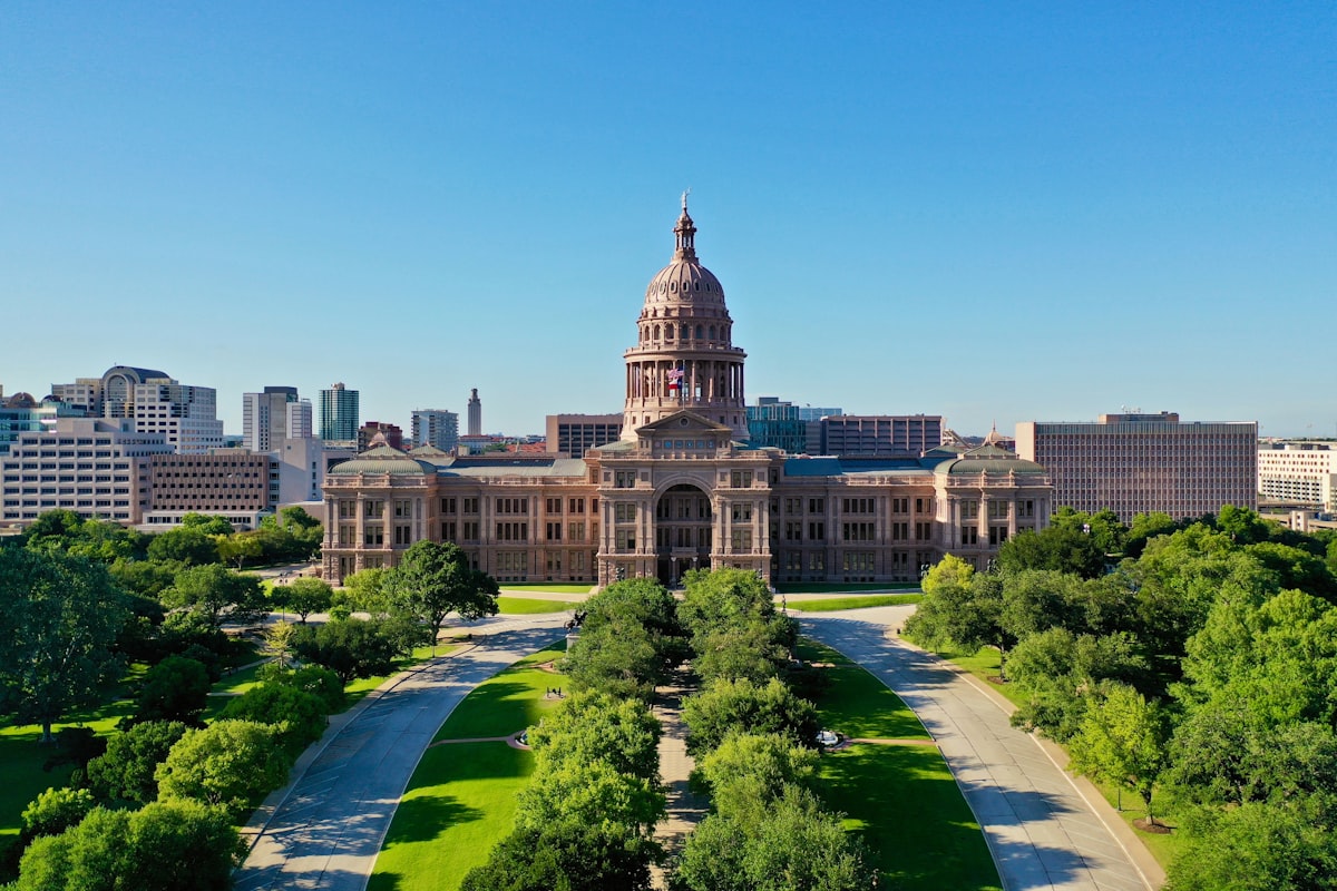 Downtown Austin — aerial view of the Texas State Capitol on Congress Avenue, the heart of the Capitol District