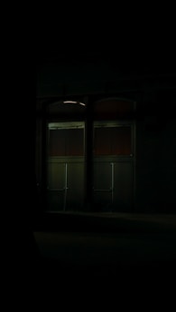A dimly lit scene featuring a pair of large doors with glass panels, surrounded by darkness. The light source is minimal, casting an ominous shadow around the structure, suggesting an atmosphere of mystery or suspense.