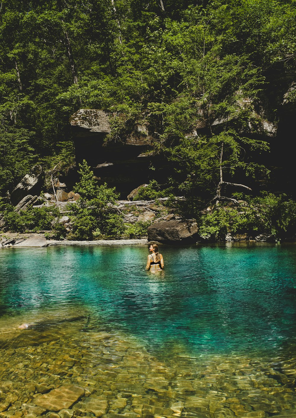 Un uomo in piedi in un fiume circondato da alberi