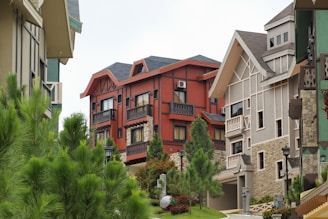 A picturesque residential area features a row of modern, multistory houses with varied architectural designs. The houses are adorned with stone facades, wooden details, and different colored walls. Lush green pine trees and well-maintained shrubs line the street, contributing to a serene suburban atmosphere.