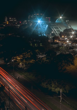 a city skyline at night with a ferris wheel in the background