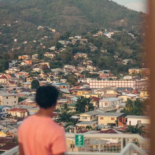 a person standing on a balcony looking at a city