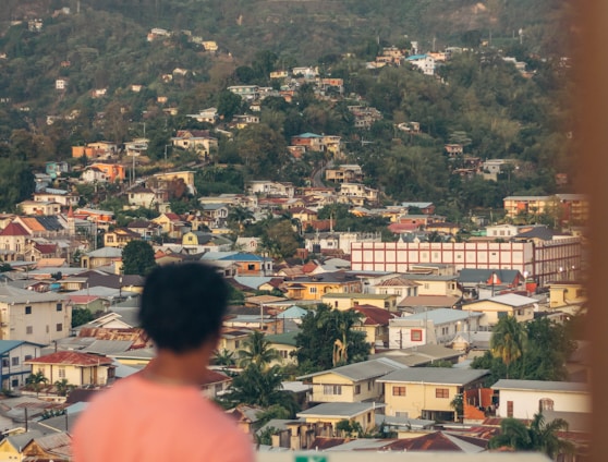 a person standing on a balcony looking at a city