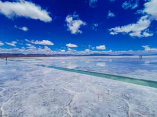 a large body of water sitting under a blue sky