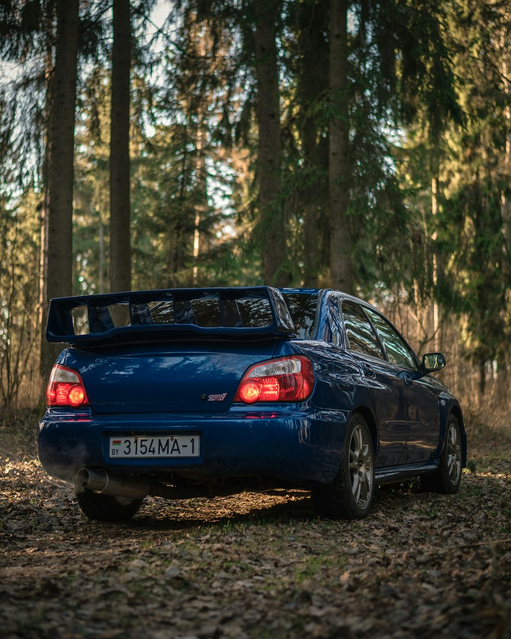 a blue car parked in a wooded area
