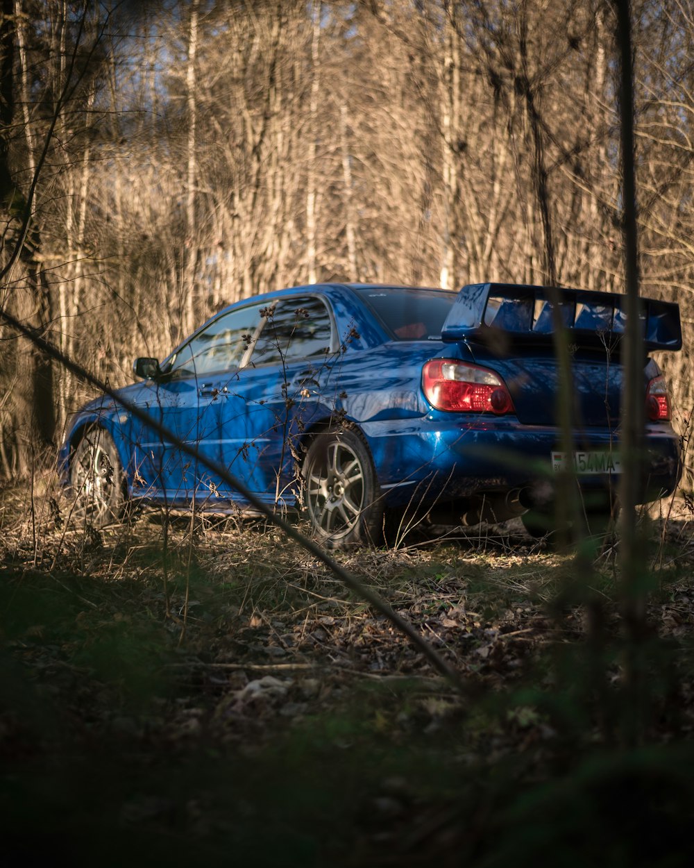 a blue car parked in a wooded area