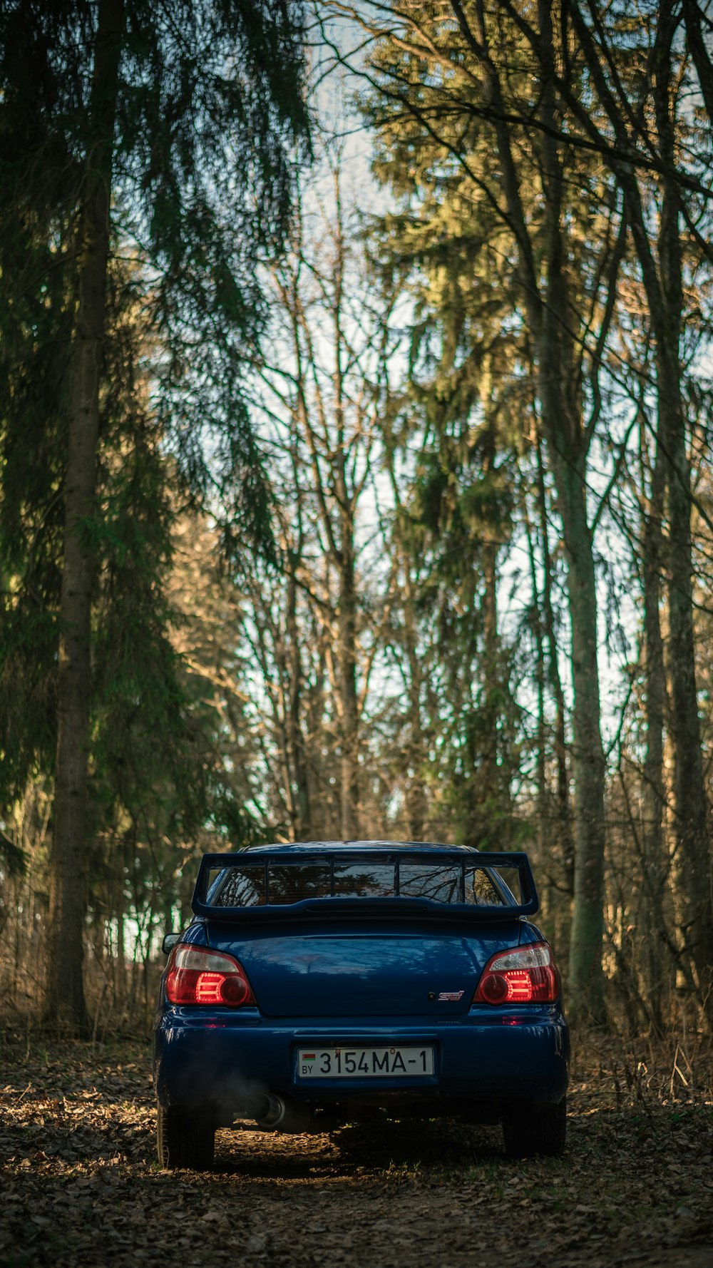 a blue car parked in the middle of a forest