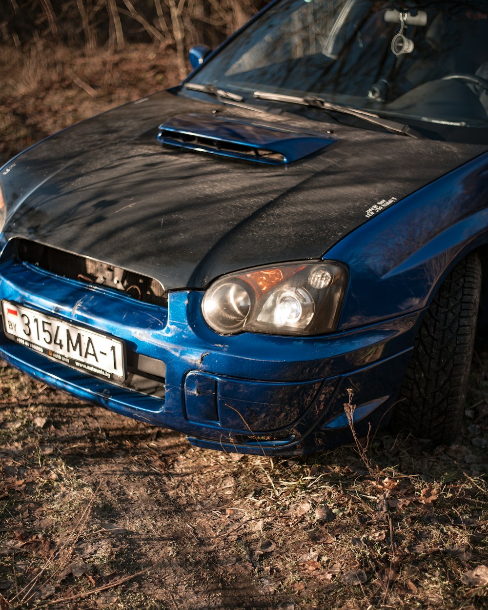 a blue car parked in a field next to a forest