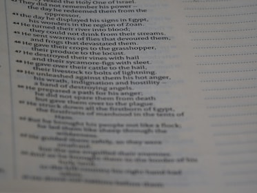 The image features a close-up view of a page from a religious text, possibly a Bible, displaying a number of verses arranged in a column. The text appears to be discussing historical events and divine actions.