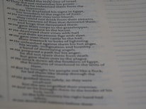 The image features a close-up view of a page from a religious text, possibly a Bible, displaying a number of verses arranged in a column. The text appears to be discussing historical events and divine actions.