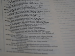The image features a close-up view of a page from a religious text, possibly a Bible, displaying a number of verses arranged in a column. The text appears to be discussing historical events and divine actions.